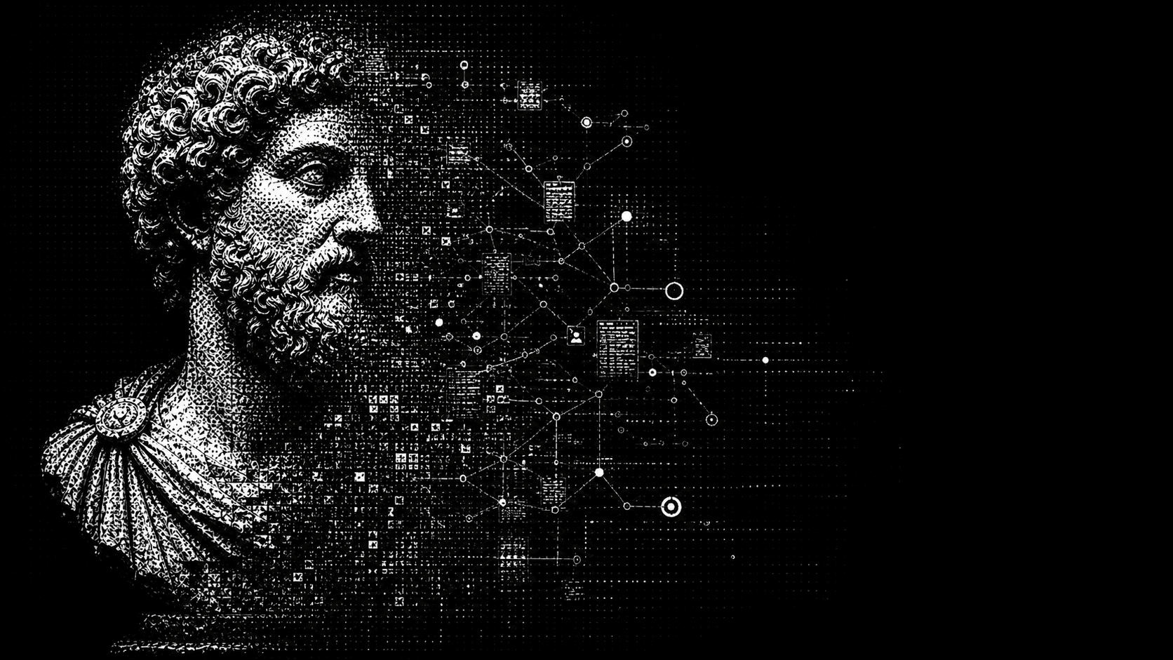Marble philosopher bust dissolving into a temporal company knowledge graph
